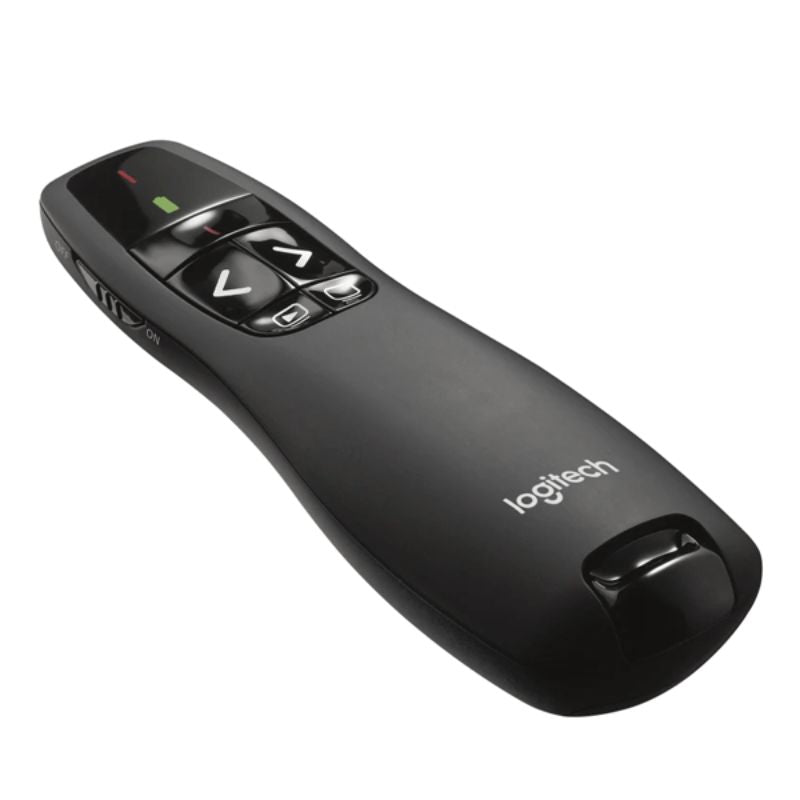 Black Logitech remote control on a white background
