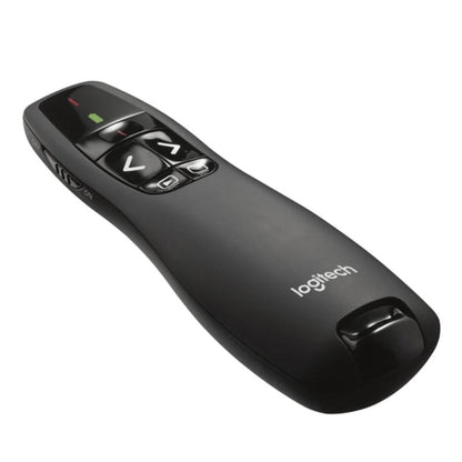 Black Logitech remote control on a white background