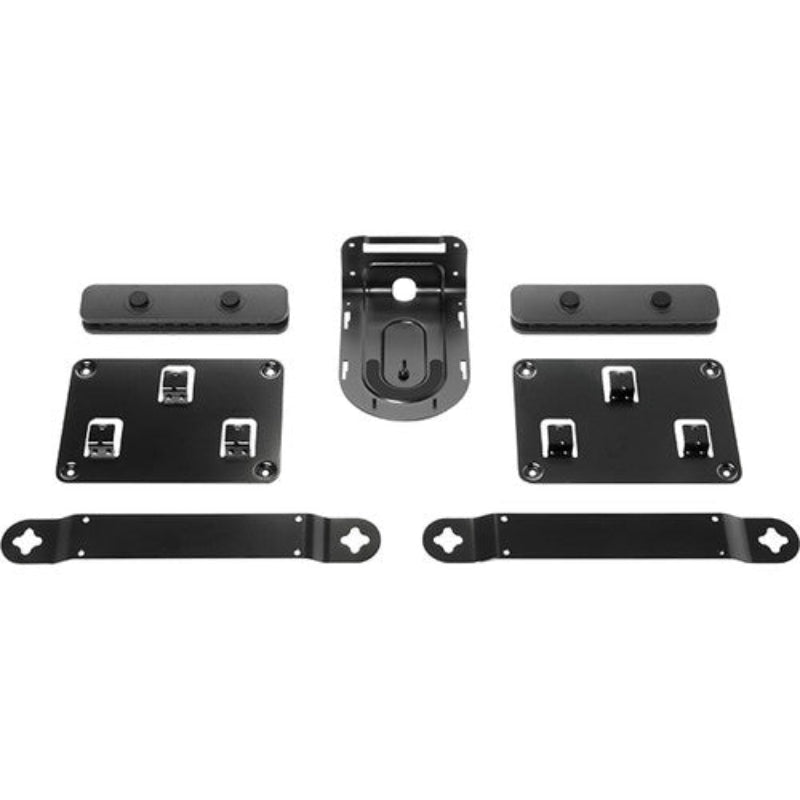 Set of black metal brackets and plates on a white background