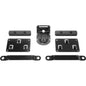 Set of black metal brackets and plates on a white background