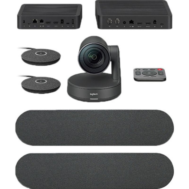 Logitech video conferencing system with camera, speakers, and remote control on a white background