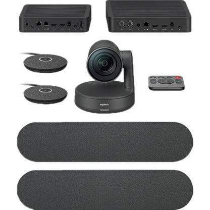 Logitech video conferencing system with camera, speakers, and remote control on a white background
