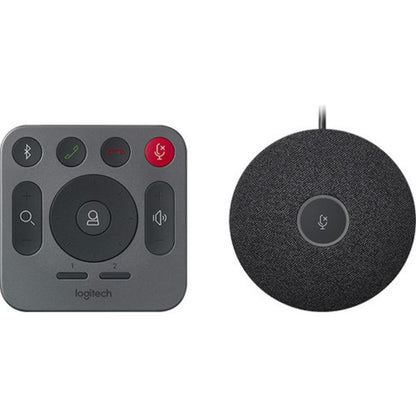 Logitech audio conferencing system with control panel and microphone on a white background