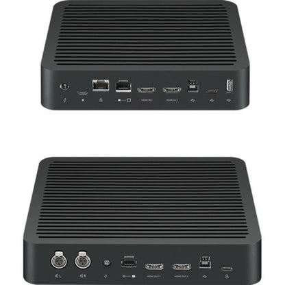 Two black computer mini PCs with various ports on a white background