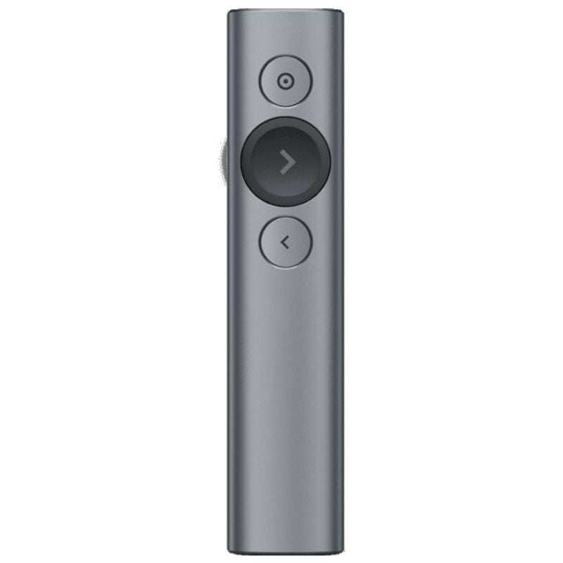 Gray remote control with circular buttons on a white background