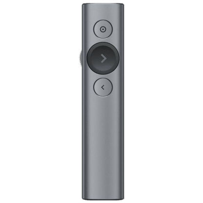 Gray remote control with circular buttons on a white background