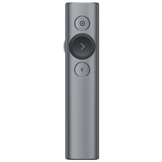 Gray remote control with circular buttons on a white background