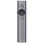 Gray remote control with circular buttons on a white background