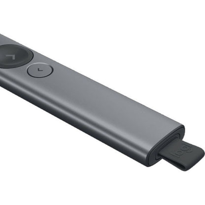 Gray Logitech Spotlight Rechargeable Presentation Remote - 910-004861device with buttons on a white background