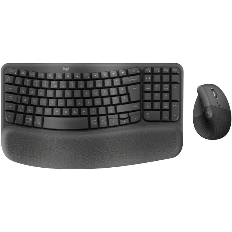 Black ergonomic keyboard with wrist rest and mouse on a white background