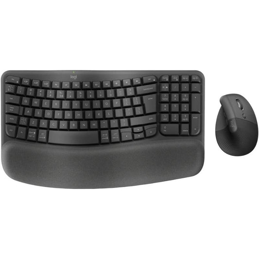 Black ergonomic keyboard with wrist rest and mouse on a white background