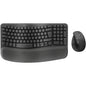 Black ergonomic keyboard with wrist rest and mouse on a white background