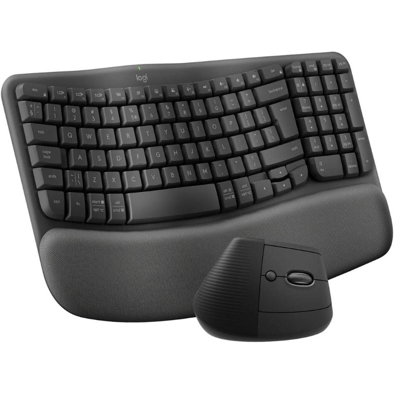 Black ergonomic keyboard and mouse set on a white background