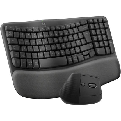 Black ergonomic keyboard and mouse set on a white background