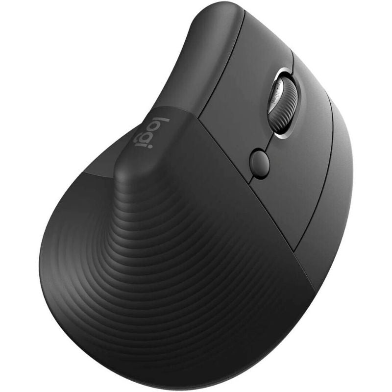 Black ergonomic mouse with Logitech branding on a white background