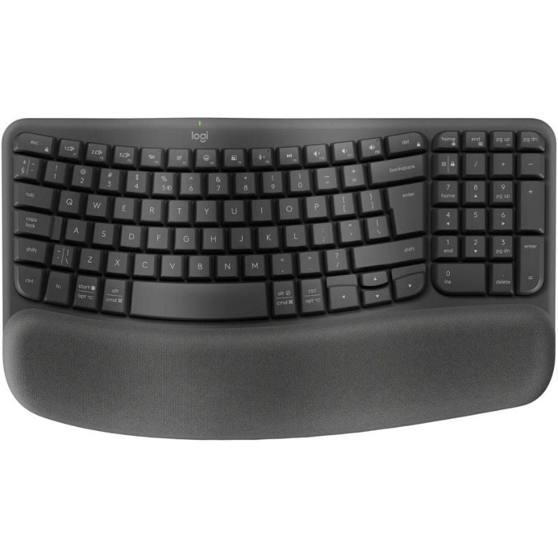 Black ergonomic keyboard with wrist rest on a white background