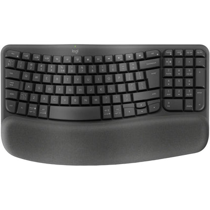 Black ergonomic keyboard with wrist rest on a white background