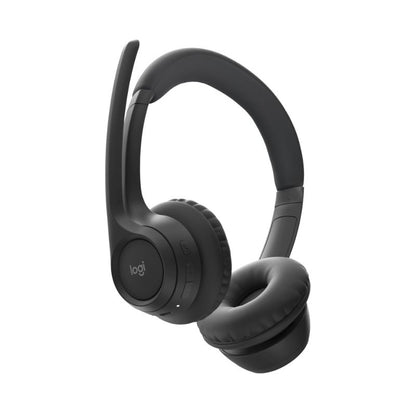Black headphones with a visible brand logo on a white background