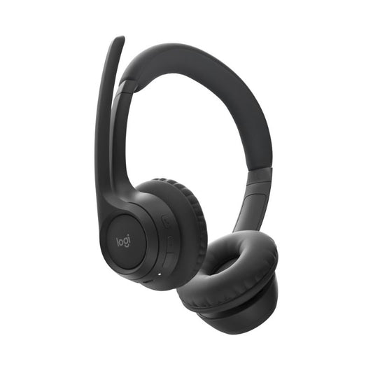 Black headphones with a visible brand logo on a white background