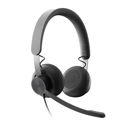 Black and gray headset on a white background