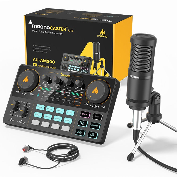 Maono audio mixer and microphone set with packaging on a white background