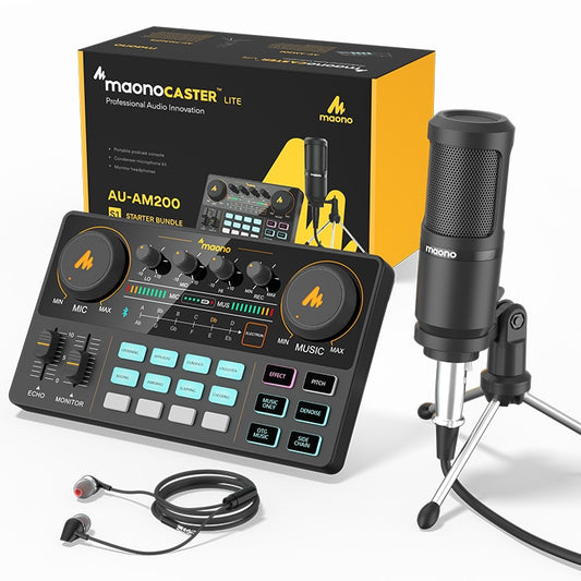 Maono audio mixer and microphone set with packaging on a white background