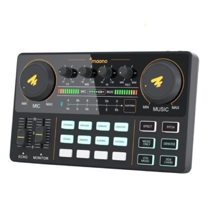 Black audio mixer with control knobs and buttons on a white background
