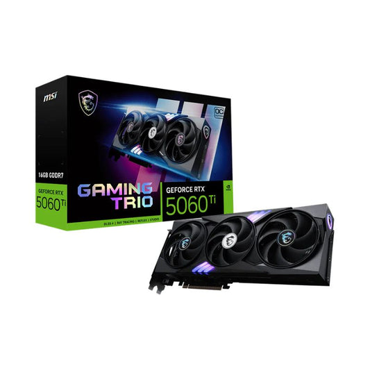 MSI GeForce RTX 5060 Ti Gaming Trio graphics card with packaging on a white background
