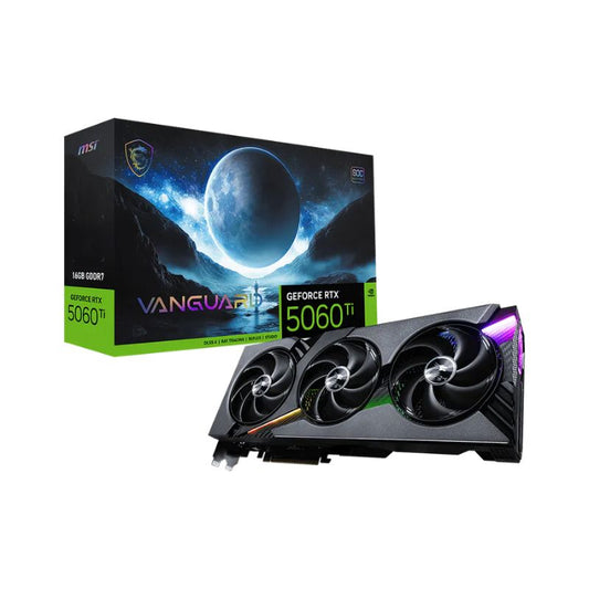 MSI GeForce RTX 5060 Ti graphics card with packaging on a white background