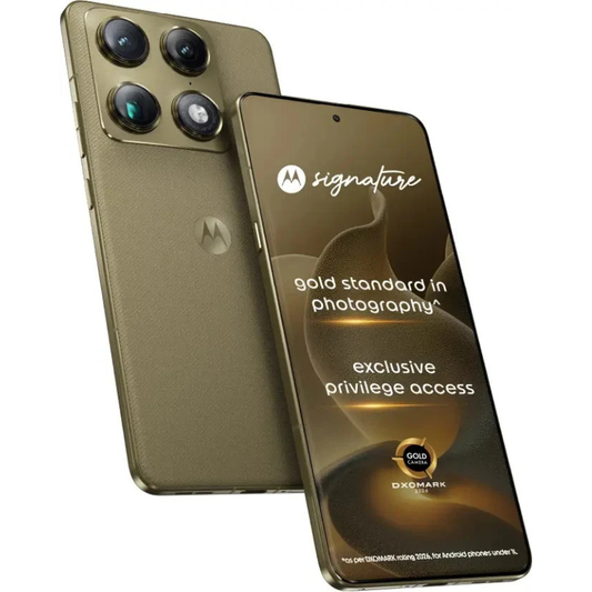 Motorola smartphone with 'signature' branding and DXO Mark certification on a white background