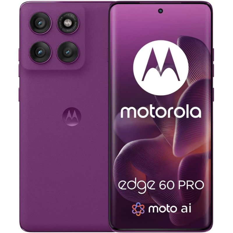 Purple Motorola Edge 60 Pro smartphone showing front and back views.
