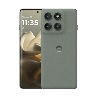 Motorola smartphone showing front and back on a white background
