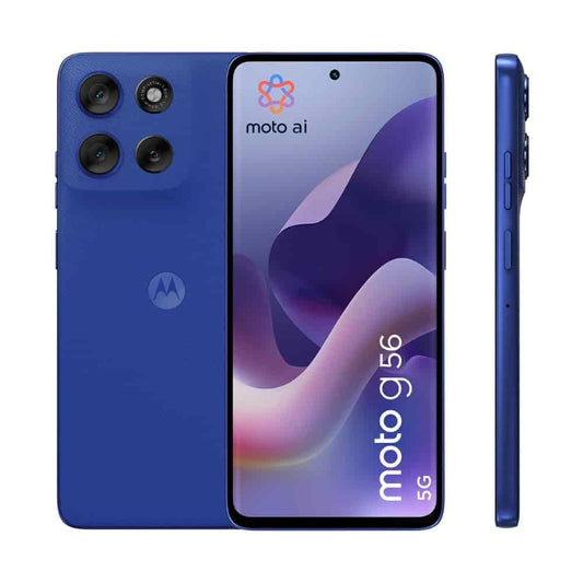 Blue smartphone showing front, back, and side views with 'moto g5g 5G' branding.
