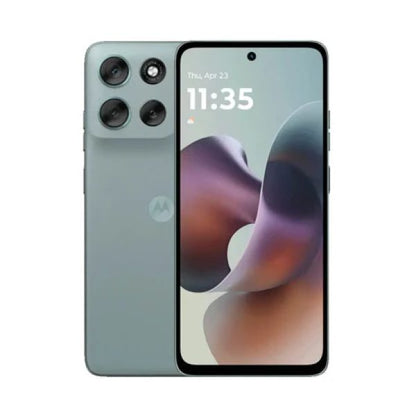 Motorola smartphone showing front and back on a white background