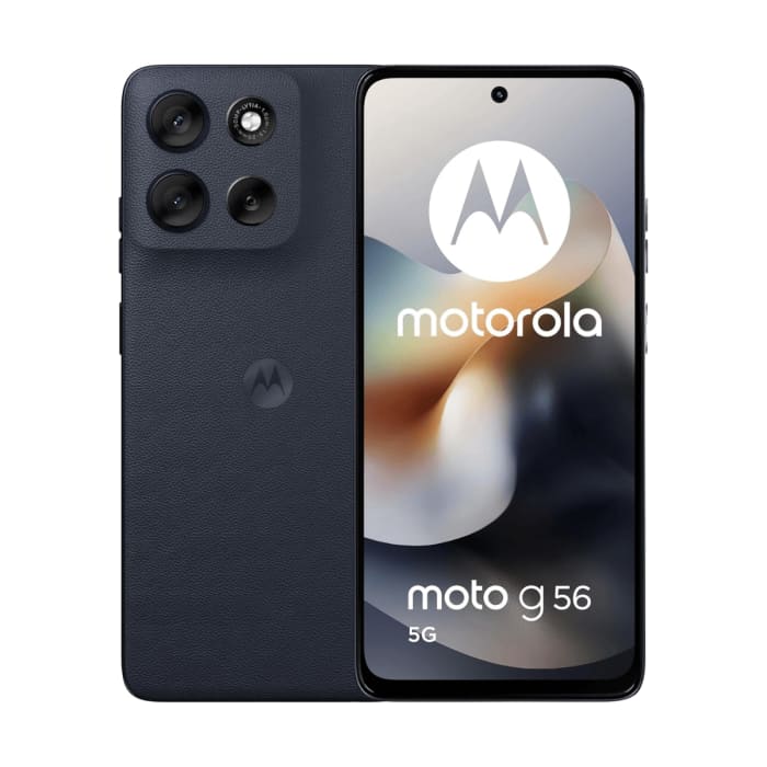 Motorola smartphone showing back and front views on a white background