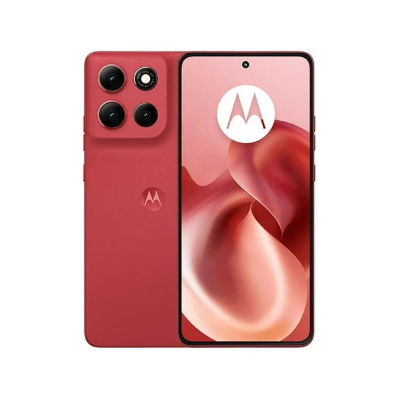 Red smartphone showing front and back on a white background