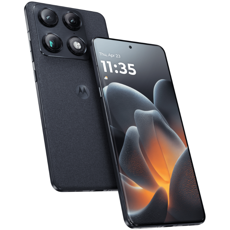 Black smartphone showing front and back on a white background