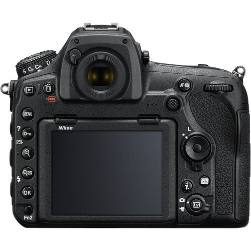 Back view of a Nikon camera on a white background