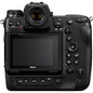 Back view of a Nikon camera with control buttons and screen on a white background