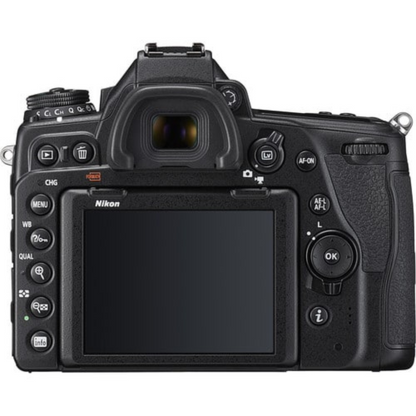 Back view of a Nikon camera on a white background