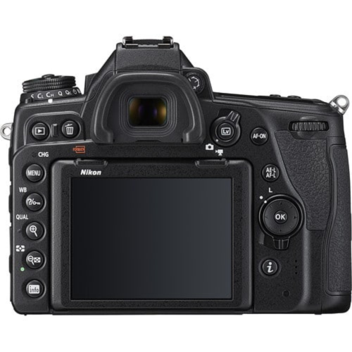 Back view of a Nikon camera on a white background