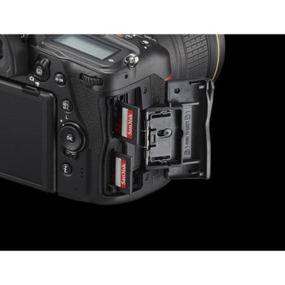 Camera body with memory card slots on a black background