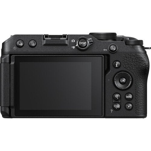 Back view of a black camera with control buttons on a white background