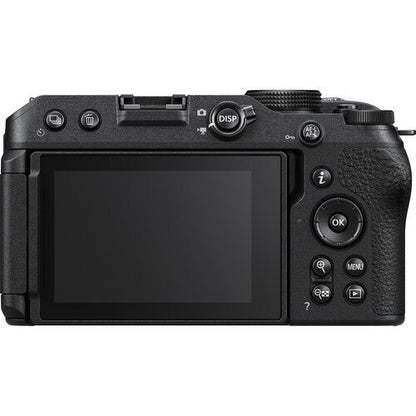 Back view of a black camera with control buttons on a white background