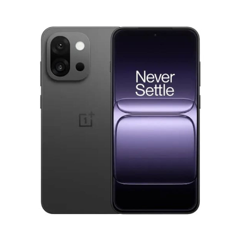 OnePlus 15 5G 12GB RAM 512GB ROM  smartphone showing back and front views with 'Never Settle' slogan.