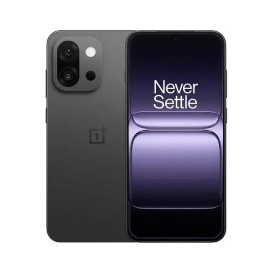OnePlus 15 5G 12GB RAM 512GB ROM  smartphone showing back and front views with 'Never Settle' slogan.