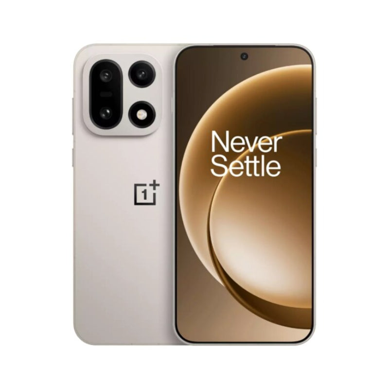 OnePlus 15 5G 12GB RAM 512GB ROM  smartphone showing back and front views with 'Never Settle' slogan.