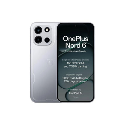 OnePlus Nord 6 smartphone showing back and front on a white background