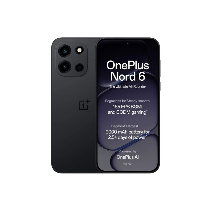 OnePlus Nord 6 smartphone showing back and front on a white background
