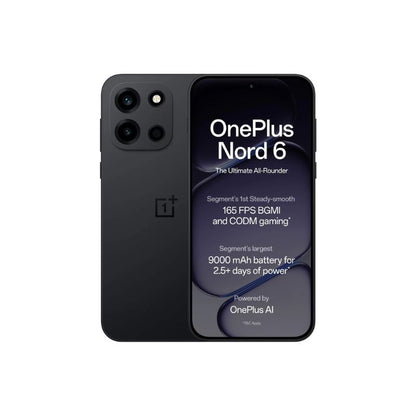 OnePlus Nord 6 smartphone showing back and front on a white background